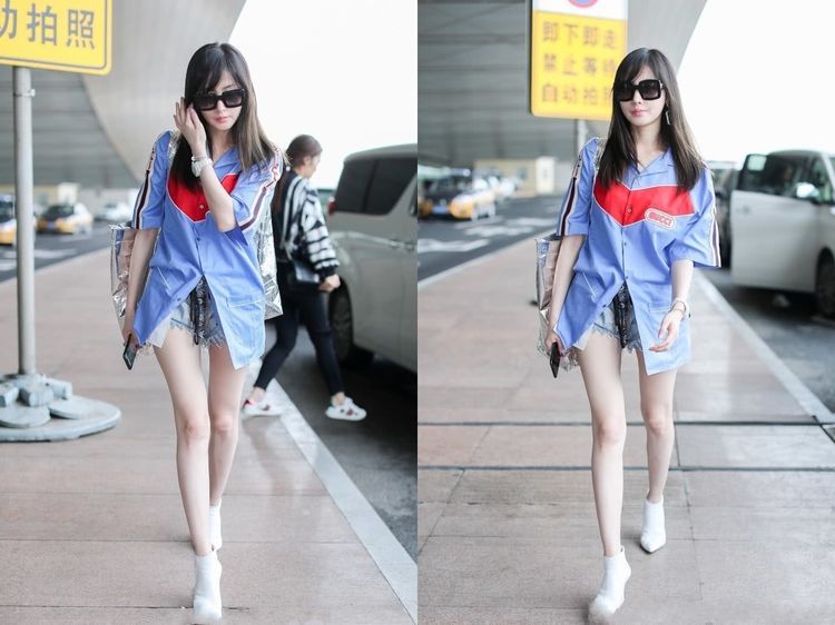 张天爱穿蓝色衬衫，搭配牛仔短裤秀美腿 ，网友：身材比例真好