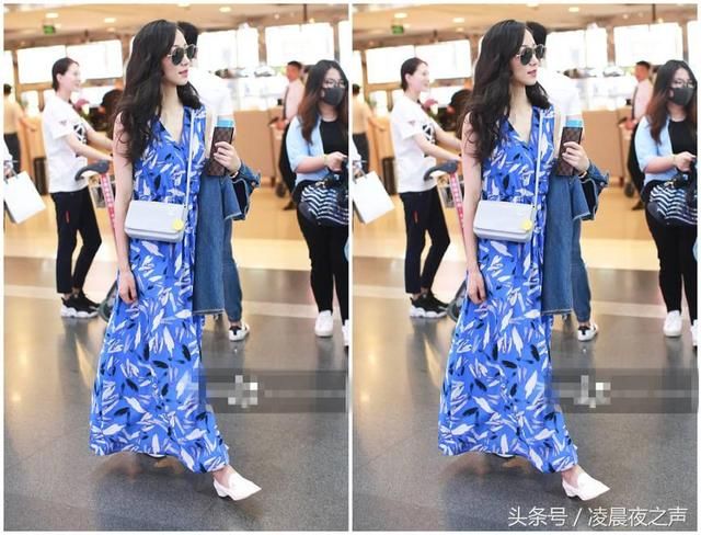 韩雪穿蓝色开叉印花长裙亮相机场，国色天香像公主，惊艳全场