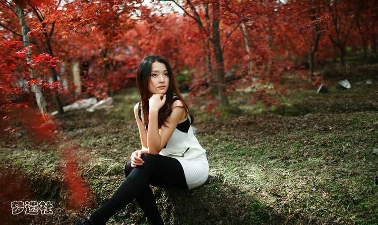 枫叶下的气质美女黑丝美腿飘逸长发