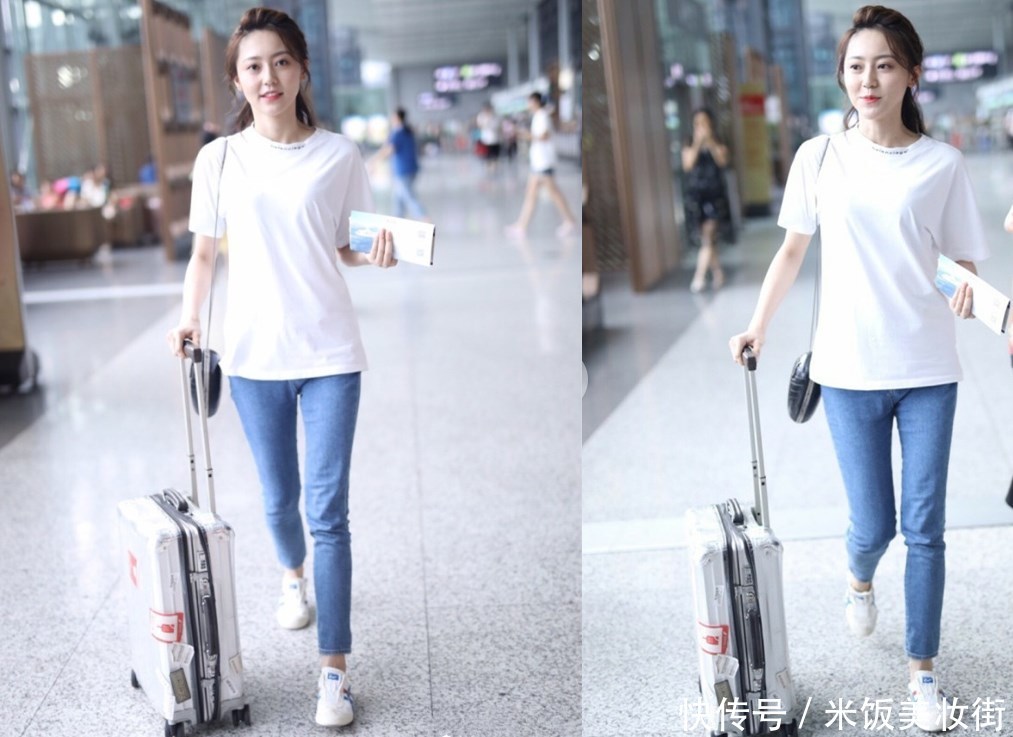 黄梦莹现身机场，穿这么紧的牛仔裤都不贴身，网友：不能再瘦了！