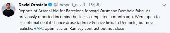 BBC记者:阿森纳报价登贝莱的消息属谣言