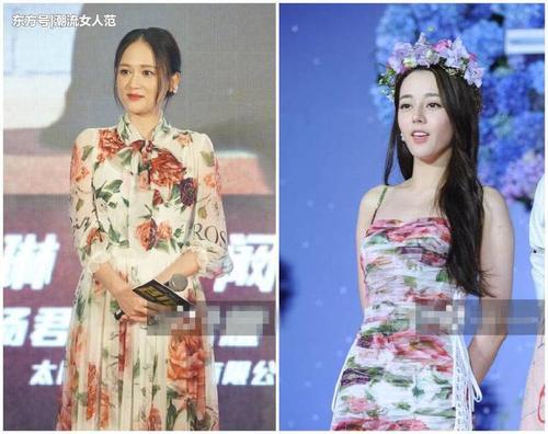 陈乔恩迪丽热巴同穿印花长裙,谁胖谁尴尬,14斤的差距一目了然