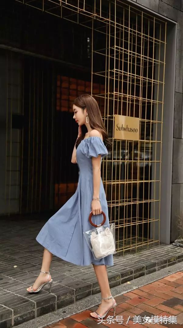 浪漫情人孙允珠，清新一字肩女神装连衣裙
