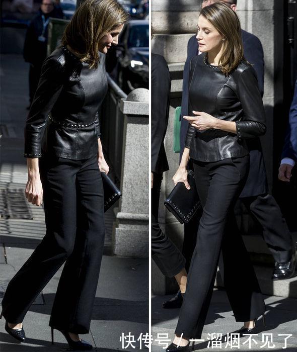 西班牙王后莱蒂齐亚被街拍,紧身短袖皮上衣更