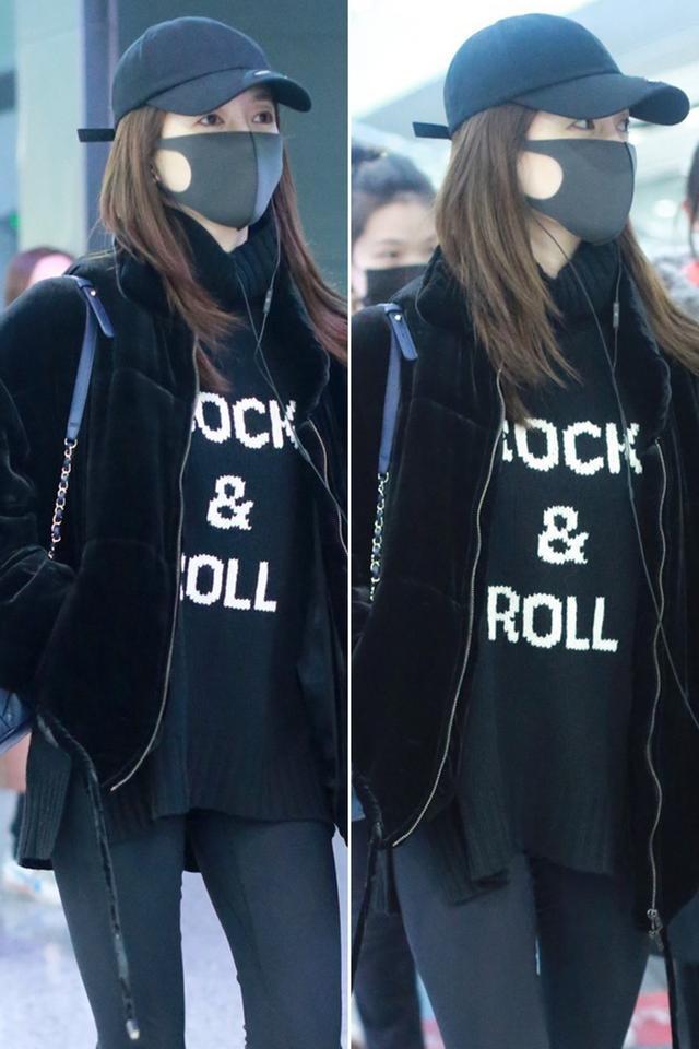 江疏影黑色look现身机场，修身打底裤尽显大长腿，这腿能看一整年