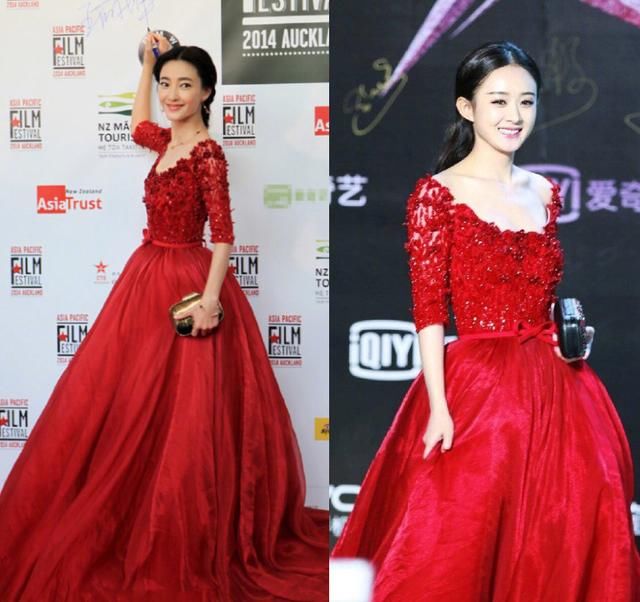 赵丽颖一袭红裙撞衫王丽坤，两大纯天然女神，却一个尴尬一个妩媚