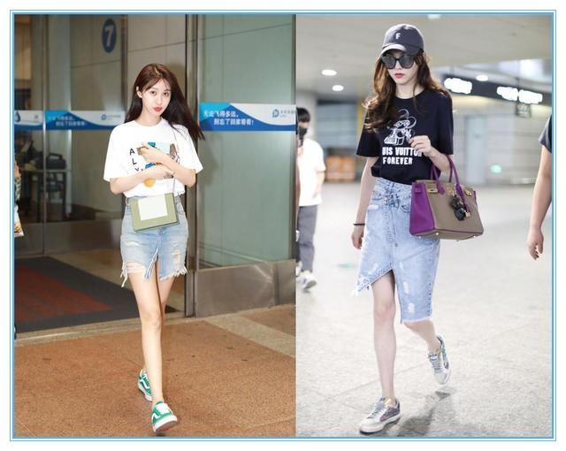 当96斤李菲儿和86斤唐嫣同穿牛仔开叉裙，终于找到不减肥的理由了