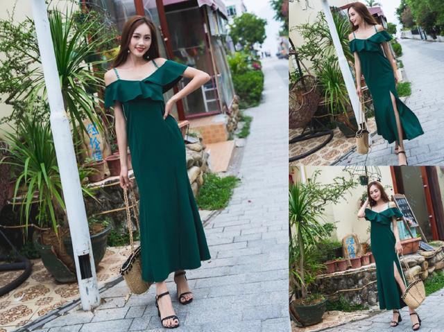 最近流行穿“墨绿色”开叉长裙，这样露大长腿，很有小性感!