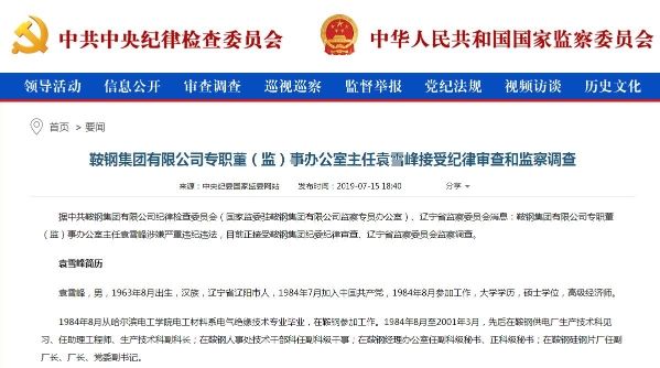 鞍钢集团有限公司专职董事办公室主任袁雪峰被查