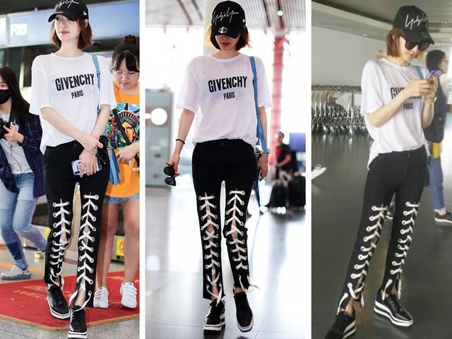 王丽坤素颜现身，身穿“绑带”潮裤秀美腿，网友：这长腿真长！