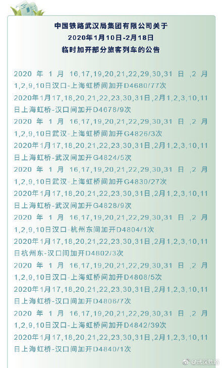  [加开]2020年1月10日-2月18日临时加开部分旅客列车