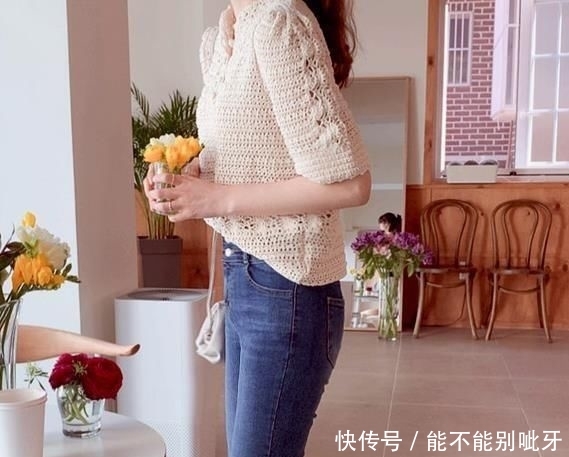 『短袖』女士淑女风格钩针圆肩短袖开衫