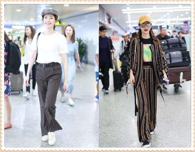 当江疏影和戚薇同穿棕色条纹裤，才知道仙气和霸气的差距有多大!