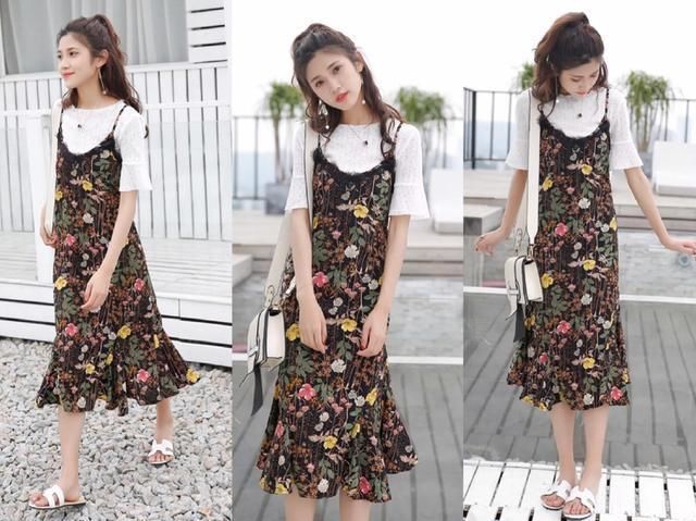 碎花吊带连衣裙+凉鞋or拖鞋，简单又清凉，时髦的人都在这样穿！