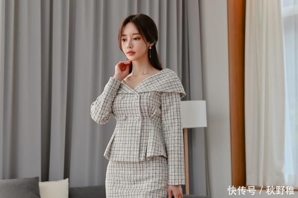  朦胧：孙允珠：灰调朦胧网格燕尾职业西装裙写真