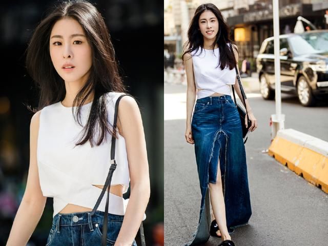 李菲儿T恤配裙有啥意思，还好开叉开得妙，网友:拿牛仔裤剪的?