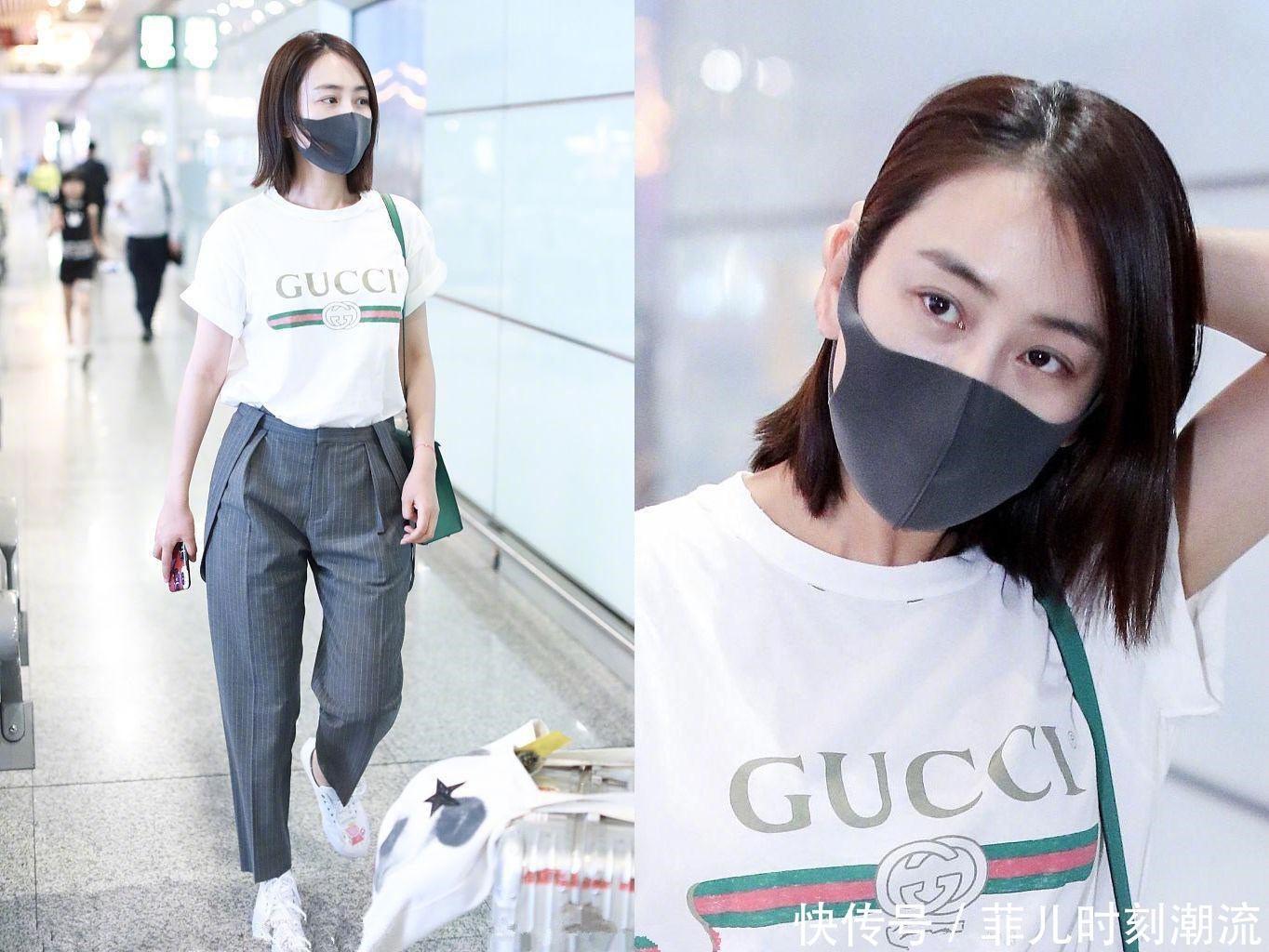 马苏现身机场，一条九分裤穿出小短腿，腿缝宽到能放下一个拳头！