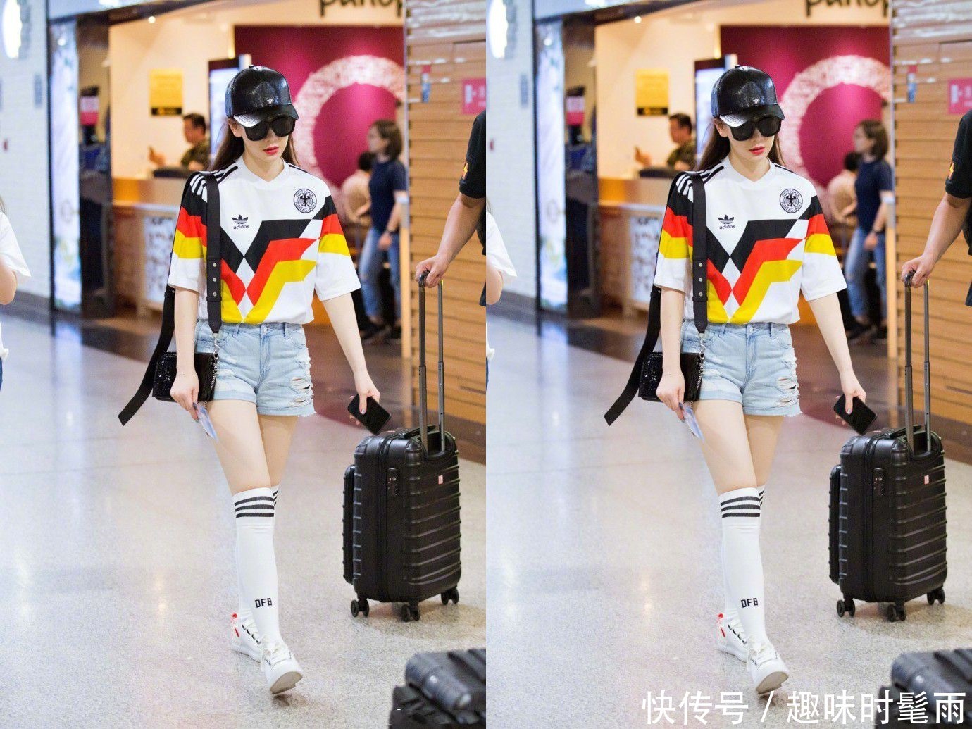 戚薇穿长筒袜现机场，勒出赘肉好尴尬，网友：穿着不难受吗？