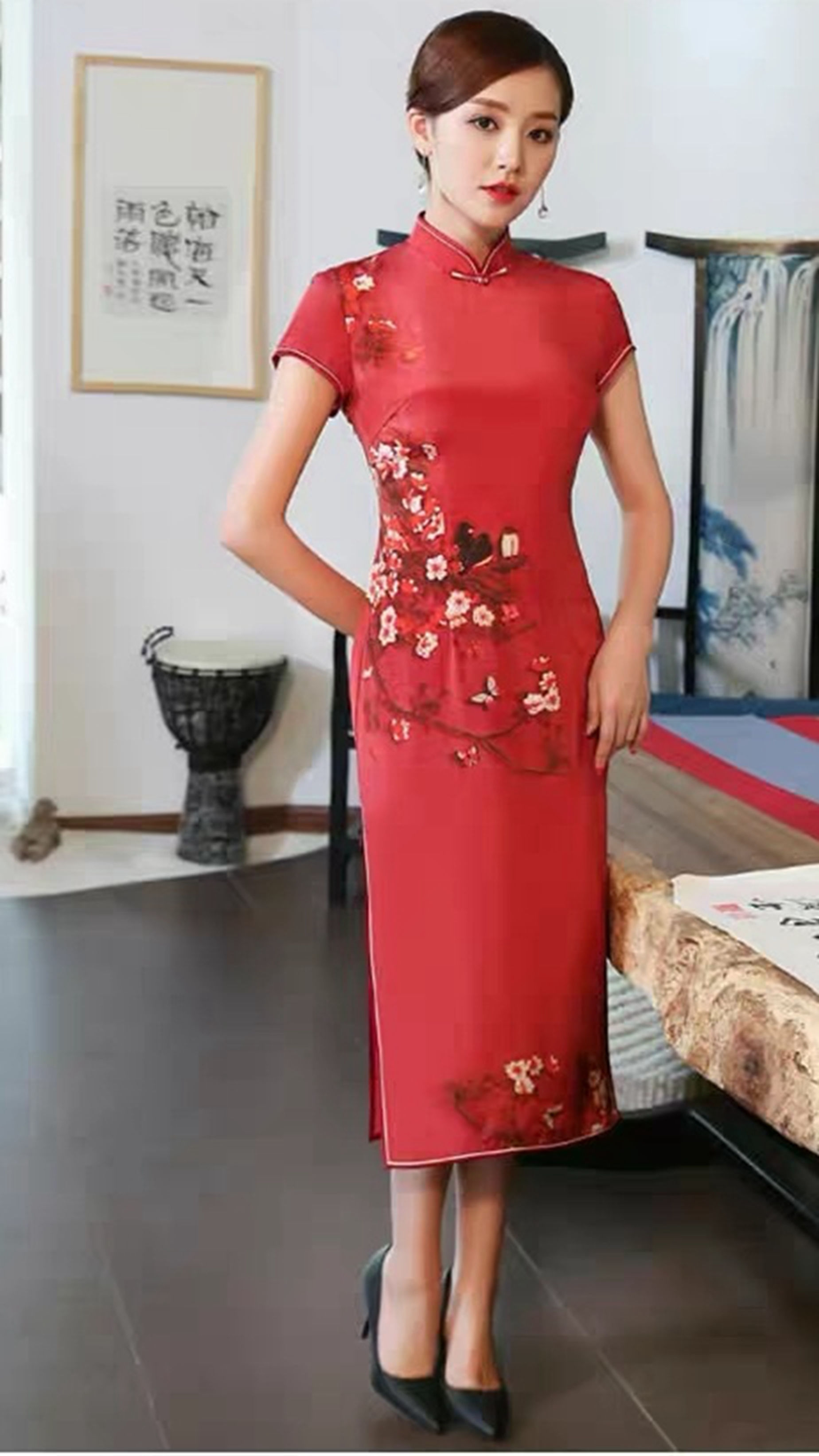 夏季新款大红喜庆真丝旗袍裙，复古改良新娘旗袍礼服，热烈喜气