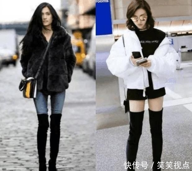  显得：女人身高低于155cm, 冬天穿羽绒服时，建议搭配3双鞋，显高又时髦