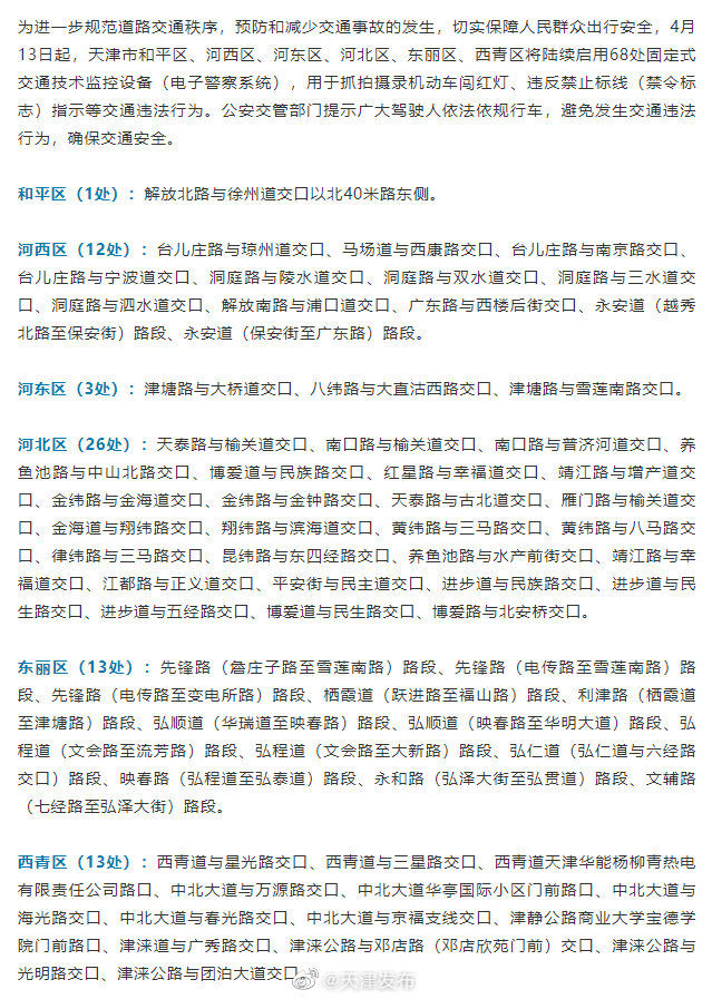  [启用]4月13日起天津陆续启用68处电子警察