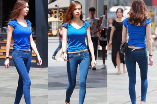小姐姐深蓝色低腰紧身牛仔裤的美丽，让人不想挪开目光！