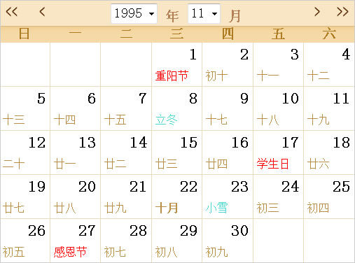 1995全年日历农历表
