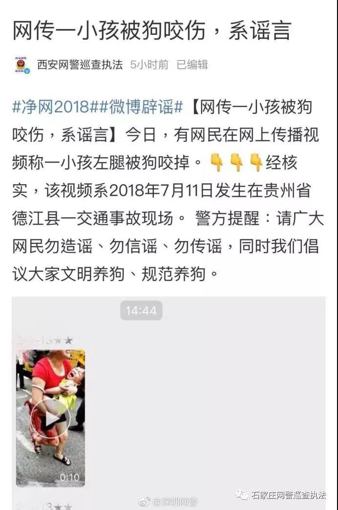 「网警提示」网传一小孩被狗咬断腿系谣言！