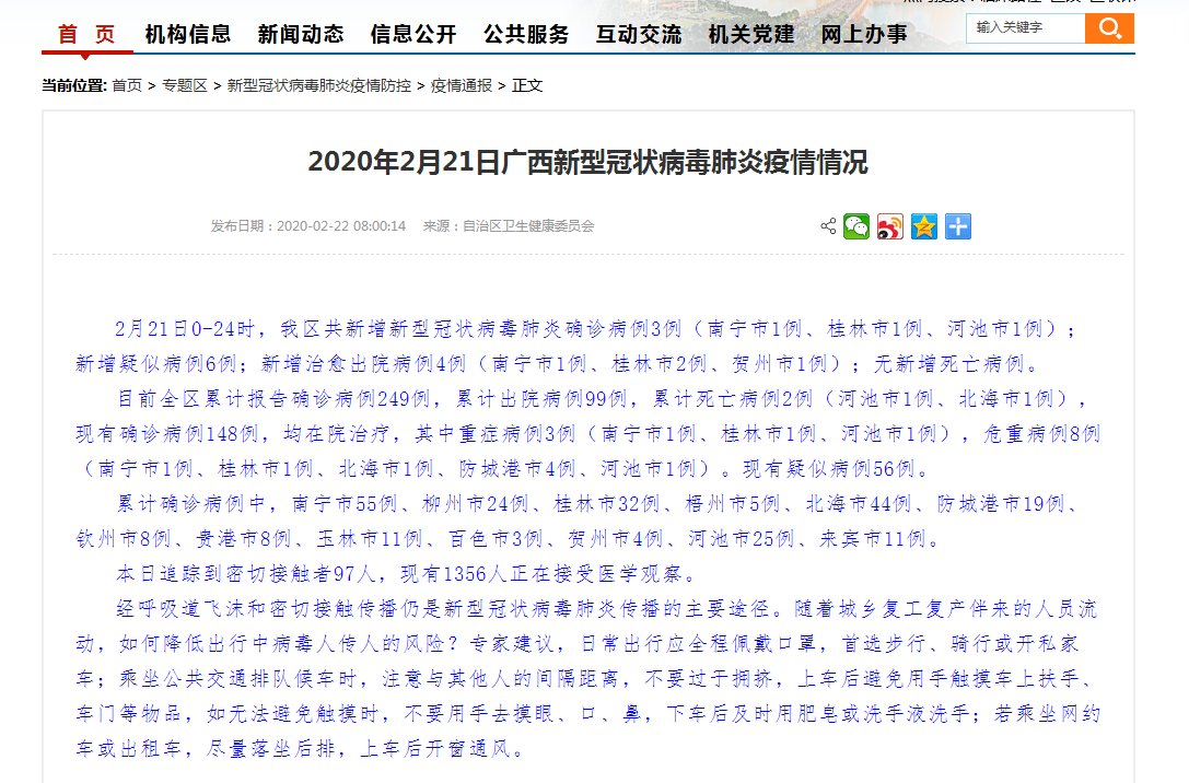  南宁市1例@21日0-24时，广西共新增新型冠状病毒肺炎确诊病例3例