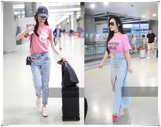 当86斤唐嫣与96斤冉莹颖同穿粉色T恤，网友:看完再也不想减肥了