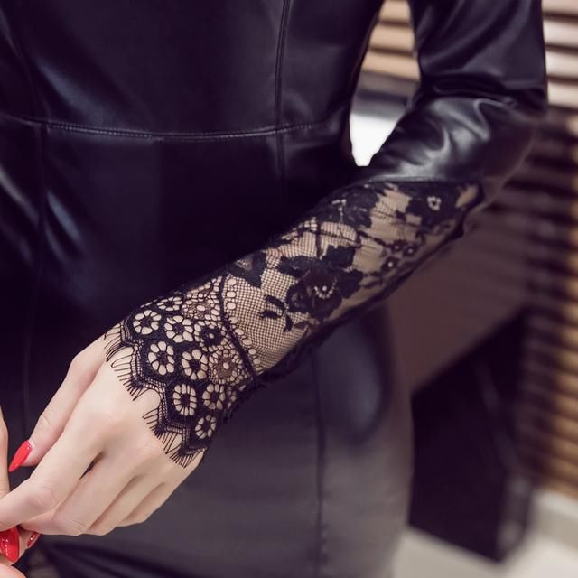 性感皮裙+蕾丝拼接18秋冬长袖性感夜店女装加绒连衣裙PU皮裙