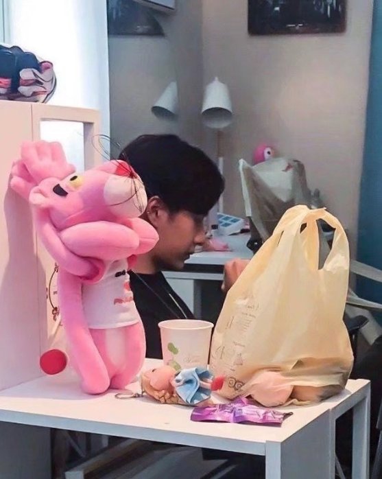 [胡子]王一博玩玩偶方式奇怪，粉红豹手脚移位尾巴放前，胡子打上蝴蝶结