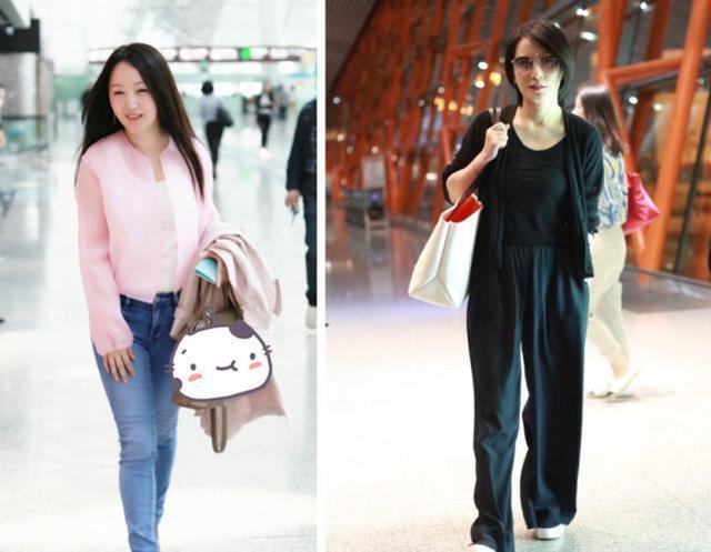 俞飞鸿来机场，又是一身黑的打扮，和同龄的杨钰莹真是两类人！