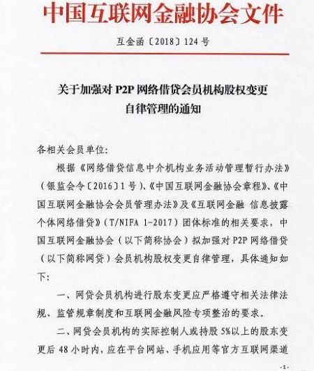 中国互金协会:P2P平台实控人变更应48小时内披露 会员资格将重审