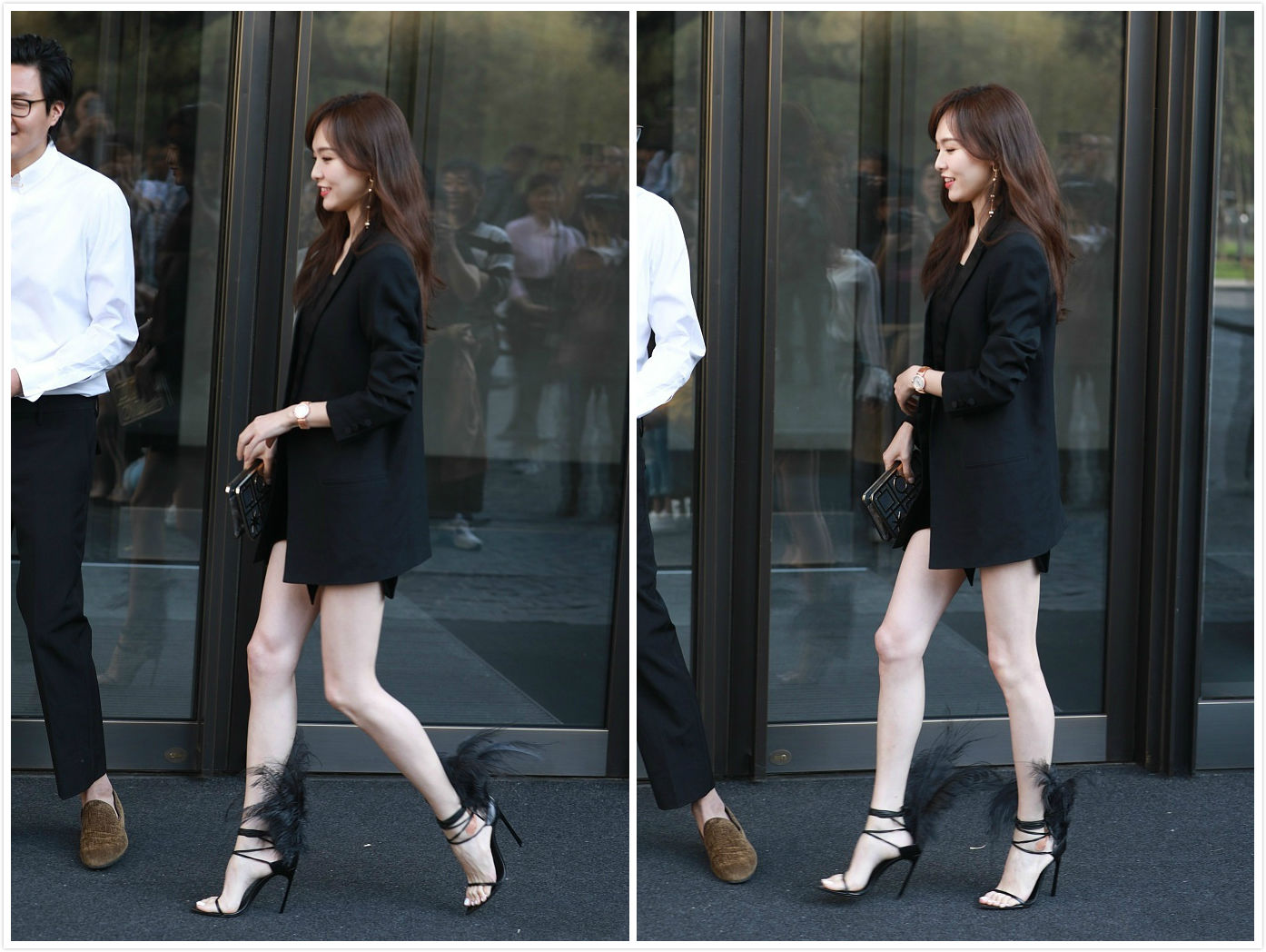 唐嫣参加某代言活动,黑色羽毛凉鞋衬托出美腿和嫩白的脚丫