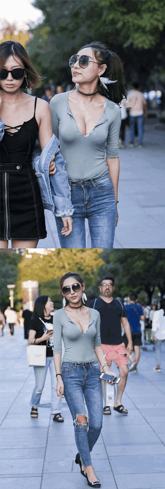 三里屯性感美女时尚穿搭，火辣身材引得路人驻足观看