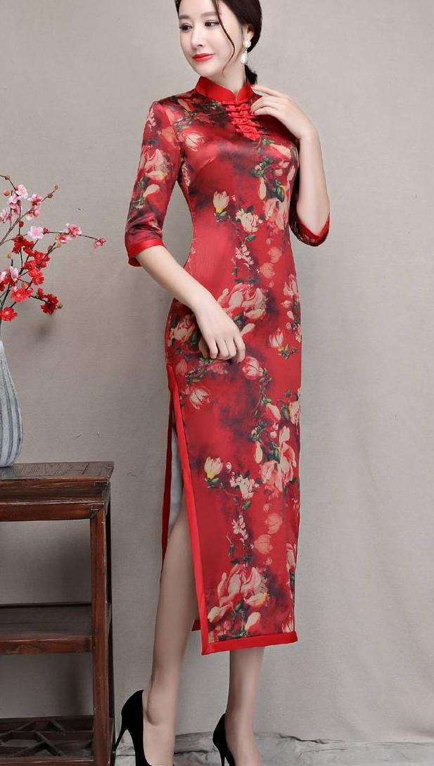 长款高开叉旗袍裙，穿出婀娜多姿好身材