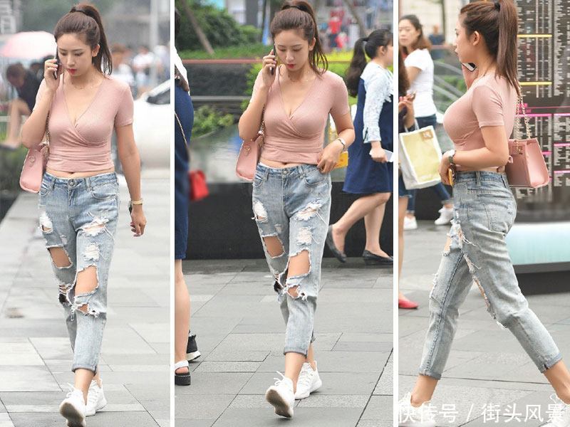 “乞丐”牛仔裤个性与时尚同步，搭一件粉色V领紧身衣，真是美！