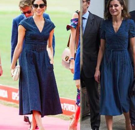 当梅根遇上西班牙王后：同款撞衫，一个缩手缩脚一个大气端庄！