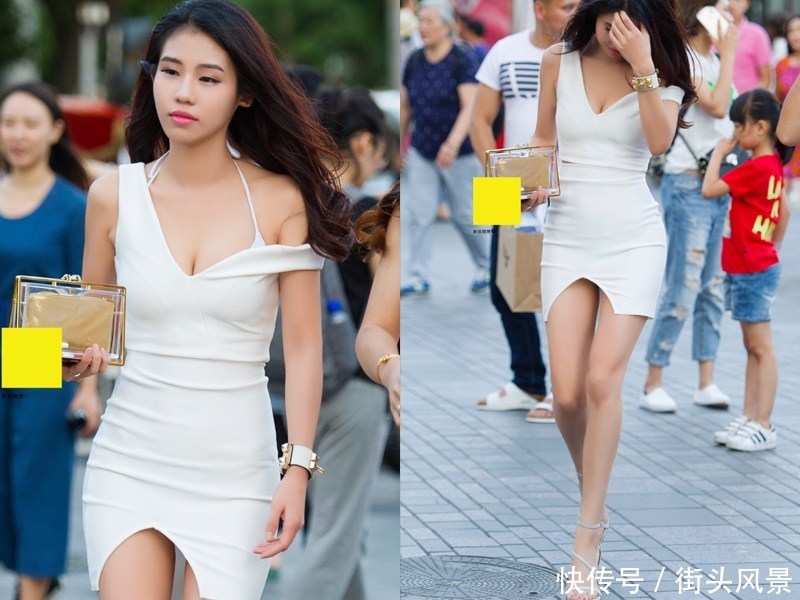 街拍 小姐姐吊带高开连衣裙 吊带滑落浑然不知 雪花新闻