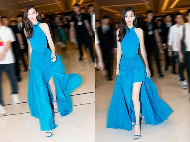 身穿蓝色礼服的Angelababy美到不行，若隐若现的背也有亮点