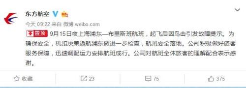 东航一航班因鸟击引发故障提示 航班已安全返航