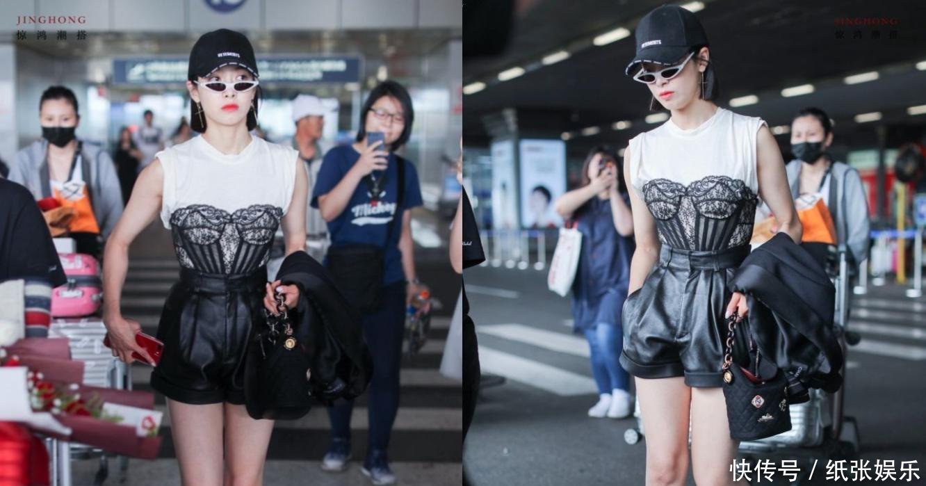 宋茜现身机场, 蕾丝内衣外穿居然不丑, 可看到她的腿我呆了!