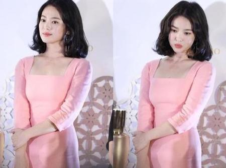 宋慧乔微卷的内扣短发,搭配一身清新典雅的粉色连衣裙,看起来整个