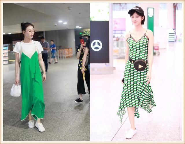 当马思纯和张俪同穿绿色吊带裙，才知道露肩与不露肩的差距有多大