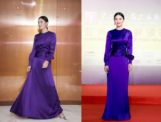 宋佳一身紫色长裙现身，腰带勒得好紧，网友：一般人穿能丑哭！
