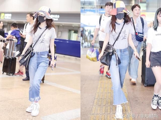 霍思燕现身机场，一条牛仔裤穿出90斤效果，怎么看都不像36岁！