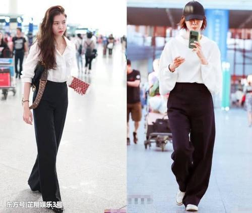 宋妍霏、王珞丹同穿白衬衫配阔腿裤，这差距原谅我不厚道地笑了！