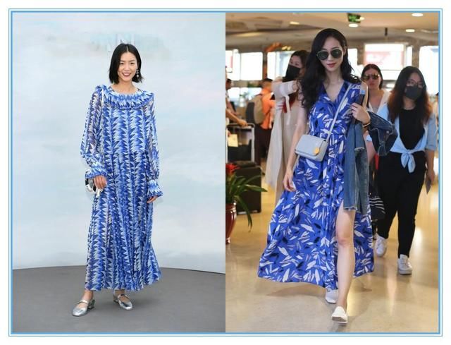 本以为韩雪穿蓝色印花裙已经够美了！但看到刘雯才知道什么叫高级