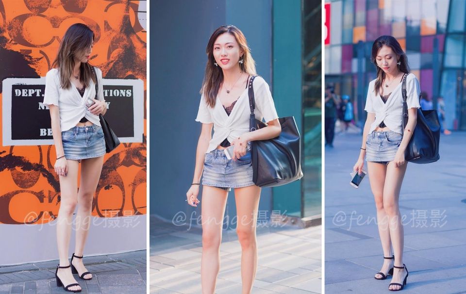 街拍:小美女的牛仔裙为啥这么短?因为她有双让人羡慕的筷子腿